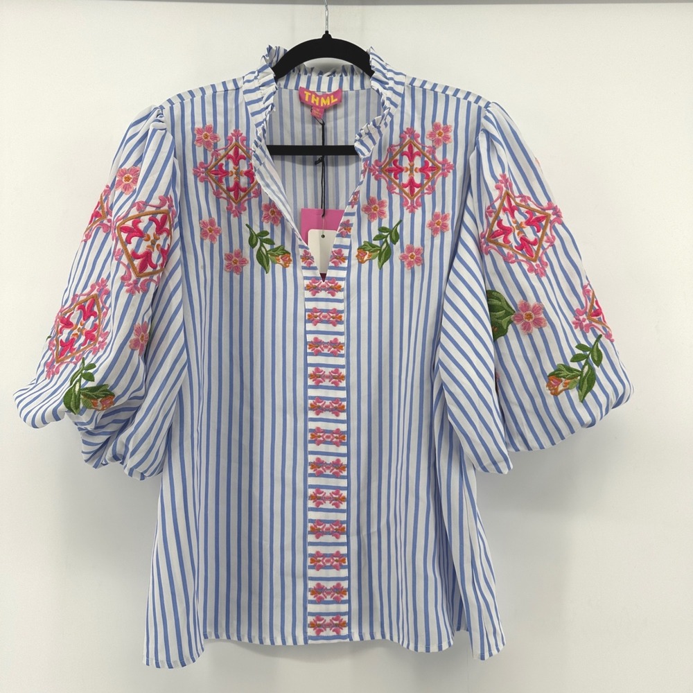 THML Blue & White Striped Embroidered Peasant Blouse with Pink Floral Accents